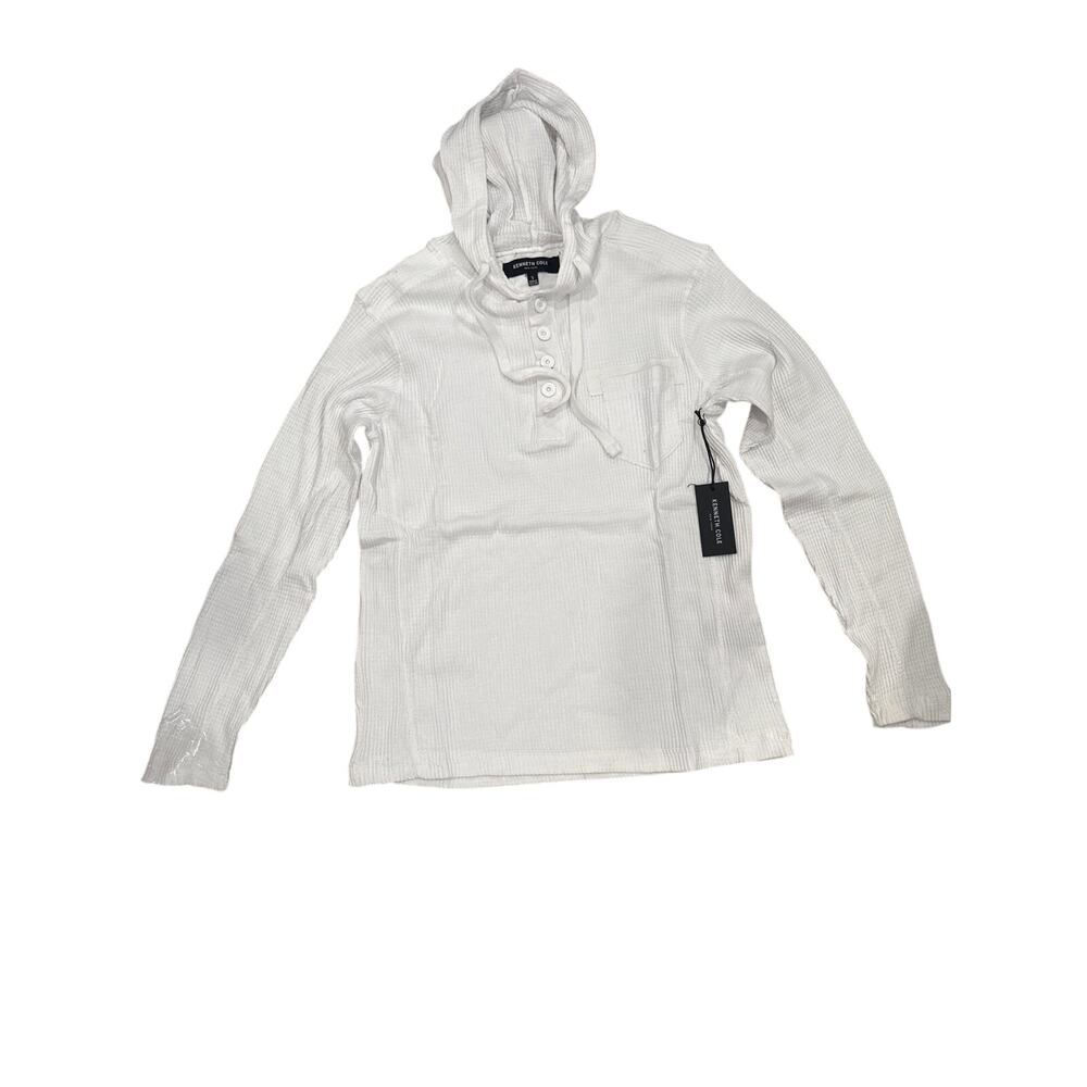 Kenneth Cole Hooded Henley Mens White Ribbed Cotton Thermal - Small